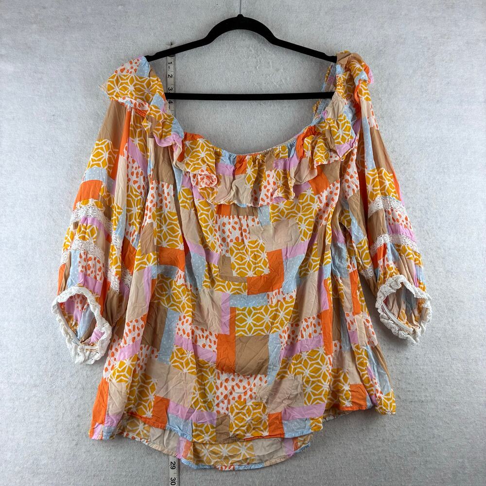 Cato Off Shoulder Blouse Women's 22-24W/3X Ruffle Patchwork Print Lace Flowy - Picture 9 of 11